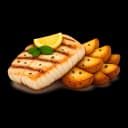 Grilled hake with garlic sauce and baked potatoes