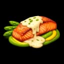Salmon with yuzu beurre blanc sauce, celeriac cream and asparagus
